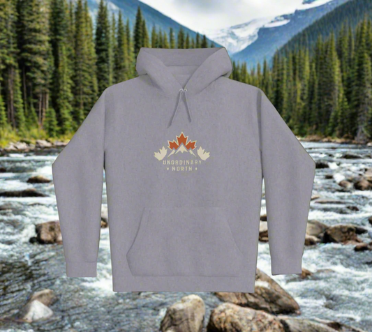 Gray hoodie with a maple leaf design on a light gray background