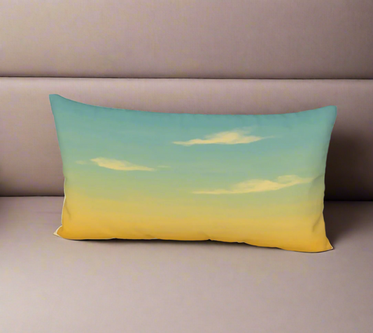 Rectangular pillow with a gradient design from green to yellow on a white background