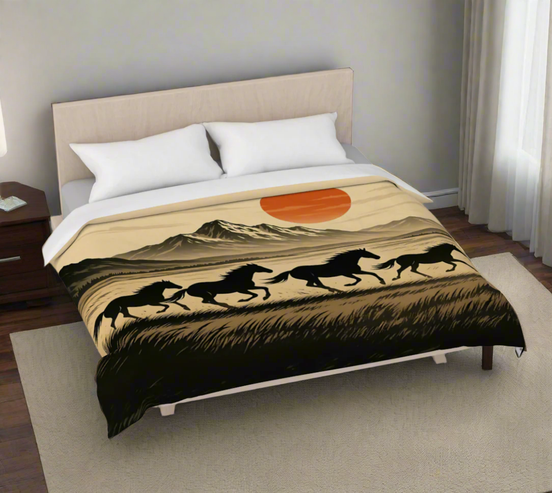 Bed with a decorative duvet featuring horses and a sunset design on a beige background.