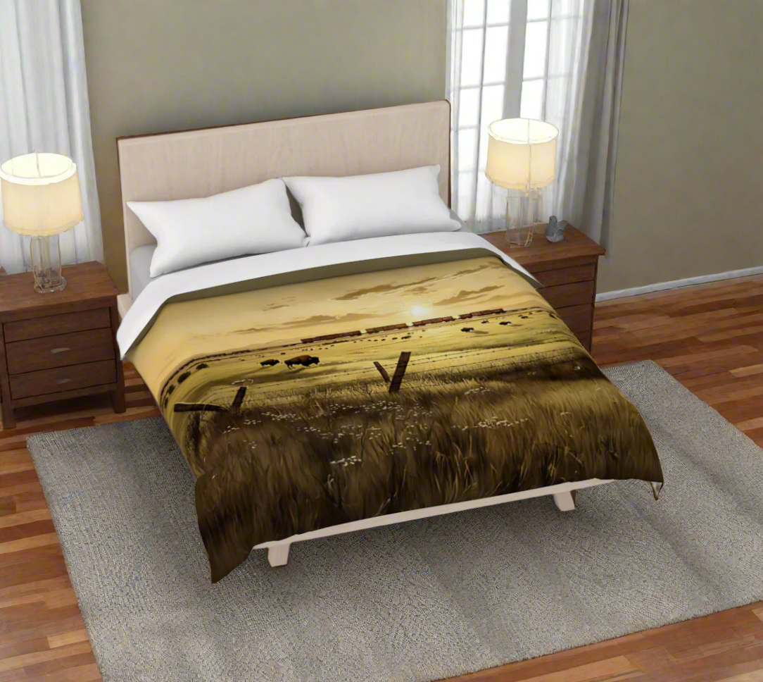 Bed with a landscape-themed duvet cover on a white background