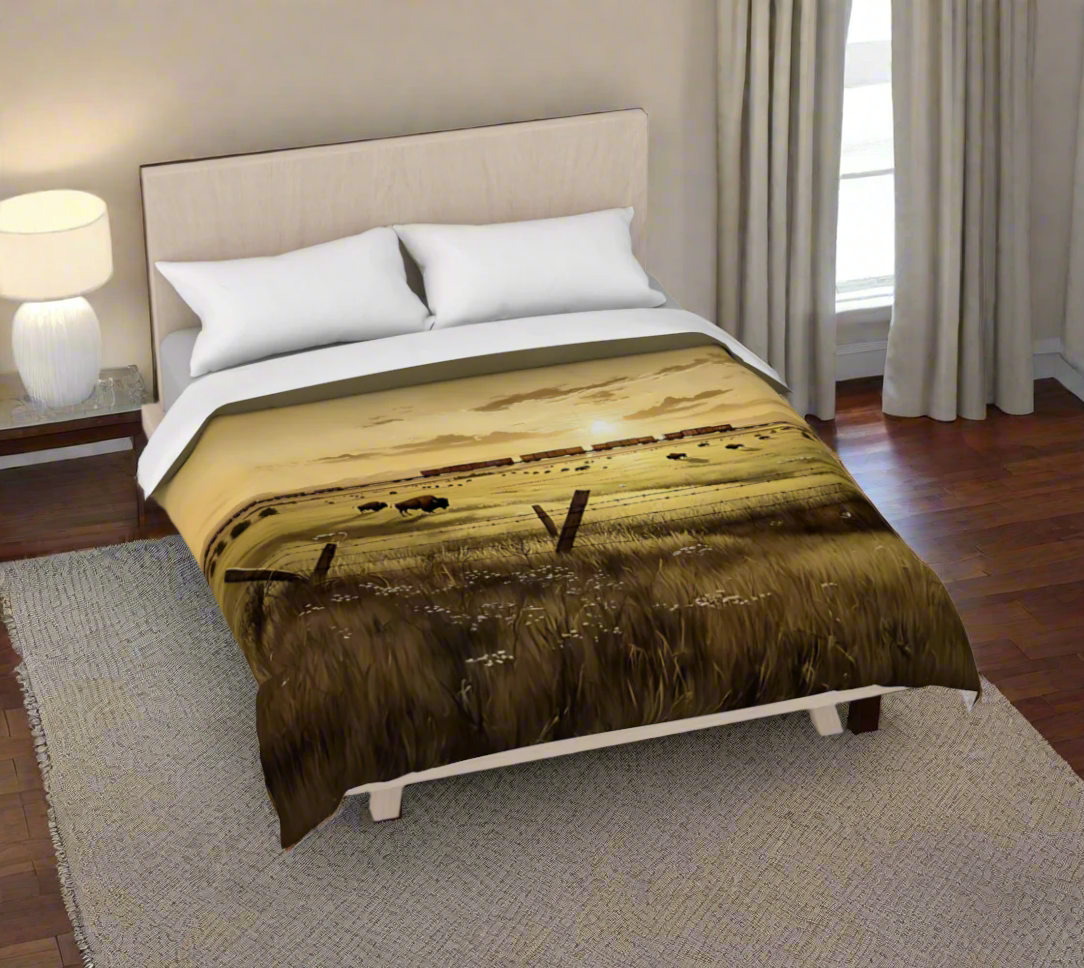 Bed with a wooden planks design duvet cover on a white background