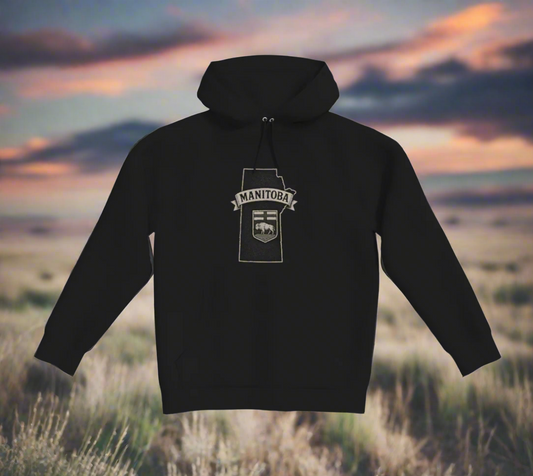Black hoodie with Manitoba design on a light gray background