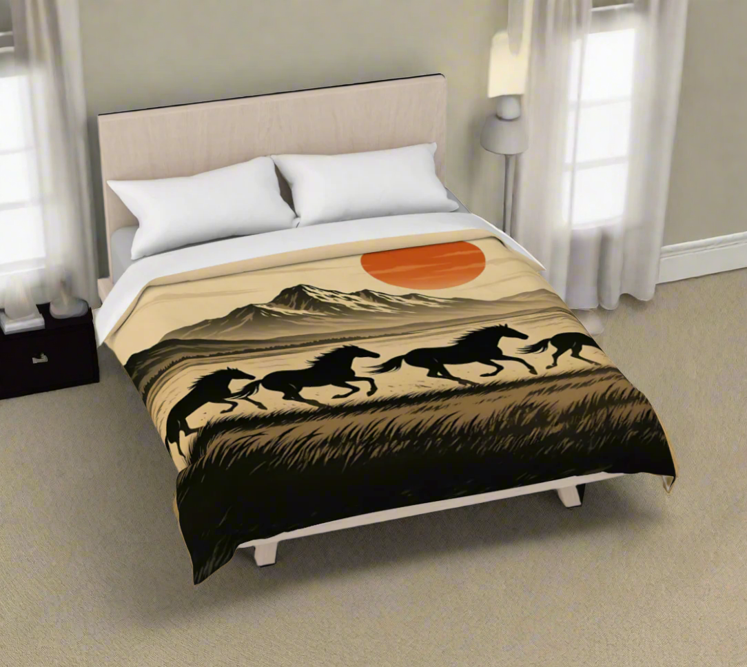 Bed with a decorative duvet featuring horses and a sunset design.