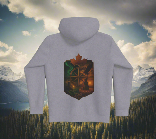 Gray hoodie with a colorful graphic on the back against a light gray background