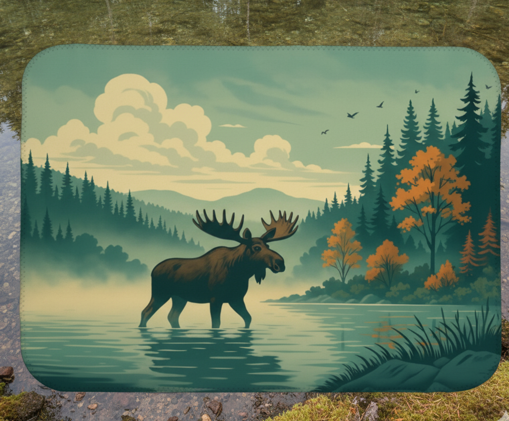 Moose standing in a lake with a forest and mountains in the background