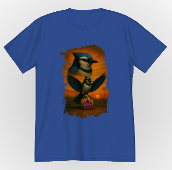 Blue t-shirt with a graphic of a bird and sunset design on a white background