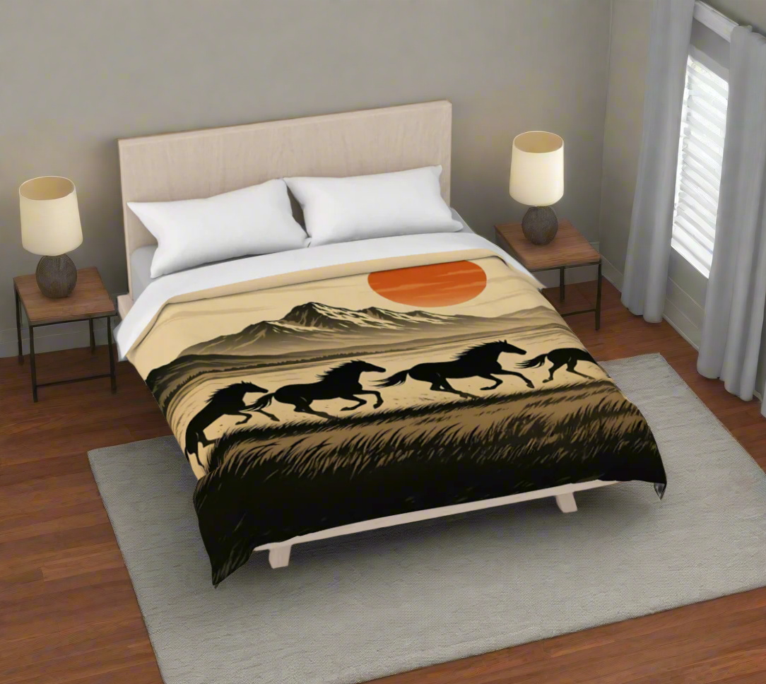 Bed with a duvet featuring a design of horses running in a field with a sunset.