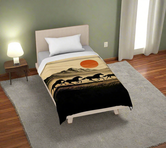 Bed with a duvet featuring a design of horses and a sunset on a white background