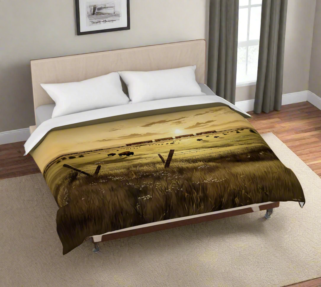 Bed with a landscape-themed duvet cover on a white background