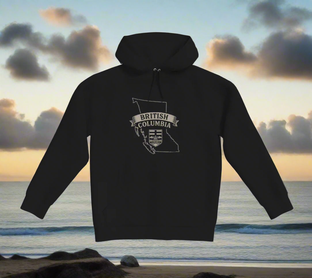 Black hoodie with 'British Columbia' design on a light gray background