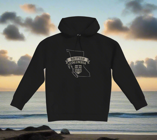 Black hoodie with 'British Columbia' design on a light gray background