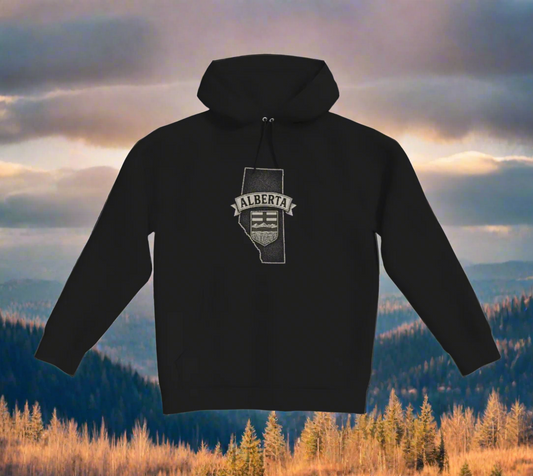 Black hoodie with Alberta graphic on a light gray background